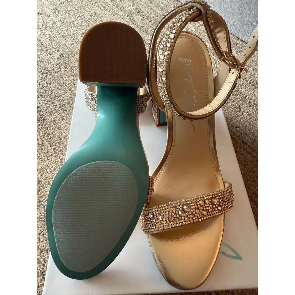 Betsey Johnson Gold Rhinestone Block Heel Sandals